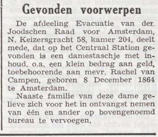 Mededeling voor Rachel van Campen