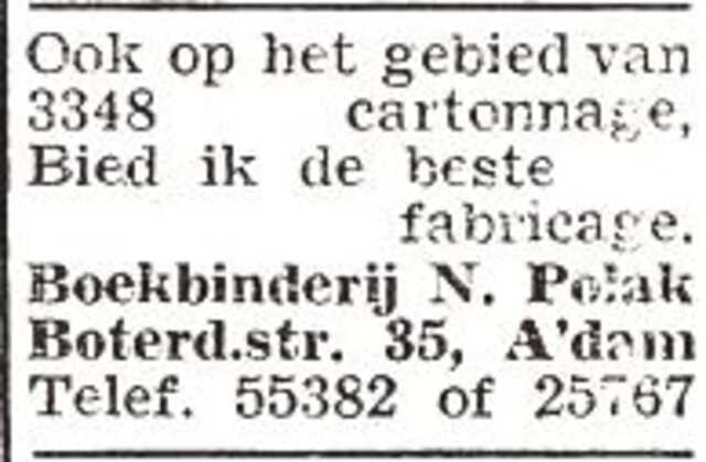 Advertentie van boekbinder Nathan Polak