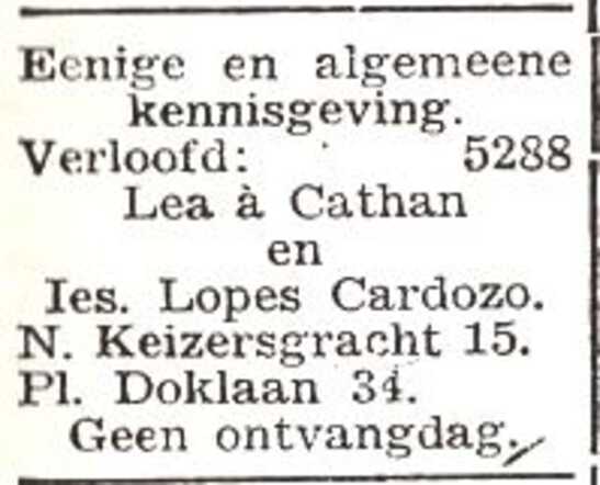 Bekendmaking van de verloving van Izak Lopes Cardozo en Lea à Cathan