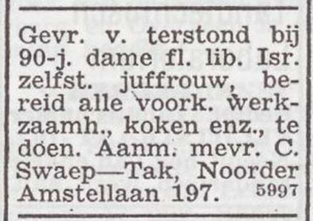 Advertentie van Catharina Swaep-Tak