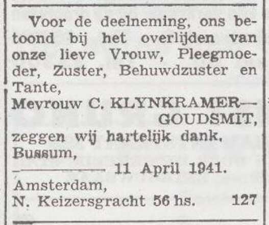 Dankbetuiging van de familie Klijnkramer