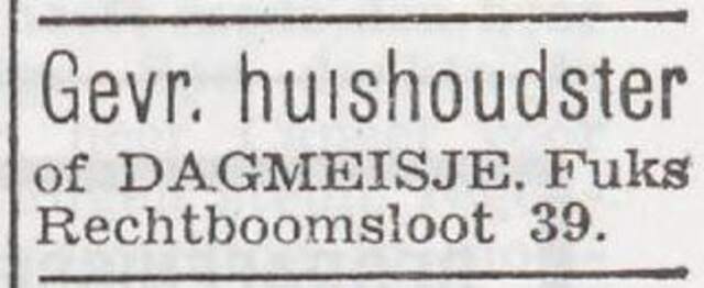 Advertentie van Catharina Fuks-Zwartverwer
