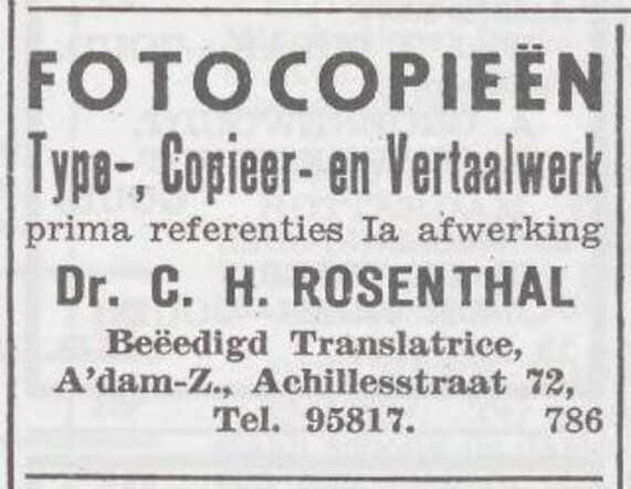 Advertentie van Charlotte Henriette Rosenthal