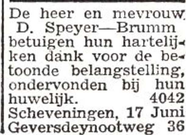 Dankbetuiging van het echtpaar D. Speijer-Brumm
