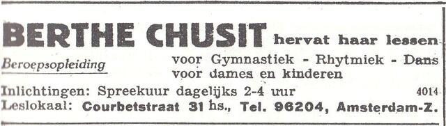 Advertentie van gymnastieklerares Berta Chusit