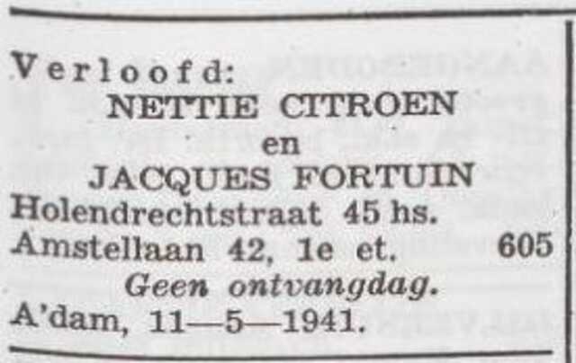 Bekendmaking van de verloving van Jacob Fortuin en Nettie Citroen