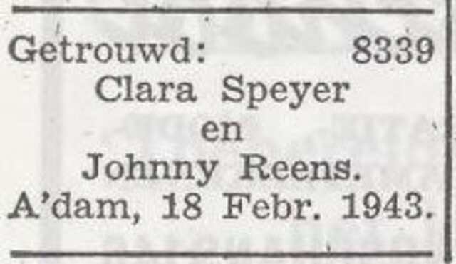 Bekendmaking van het huwelijk van Clara Speijer en Johnny Reens