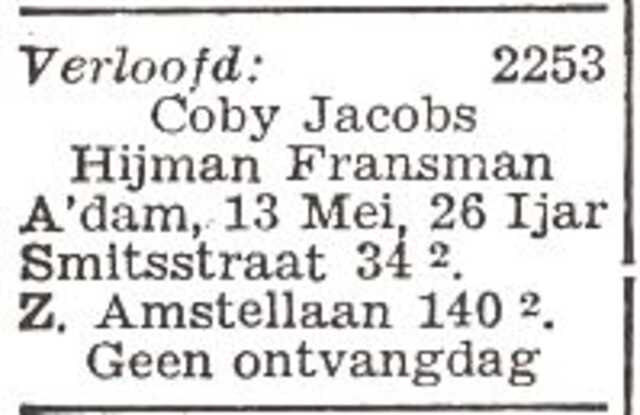 Vermelding van de verloving van Hijman Fransman en Jacoba Greta Jacobs