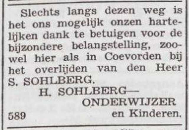 Dankbetuiging van de familie Sohlberg