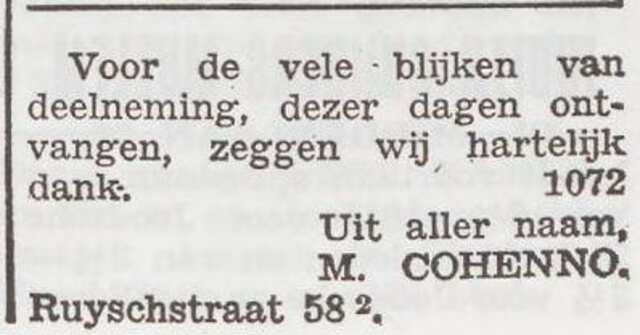 Dankbetuiging van de familie Cohenno