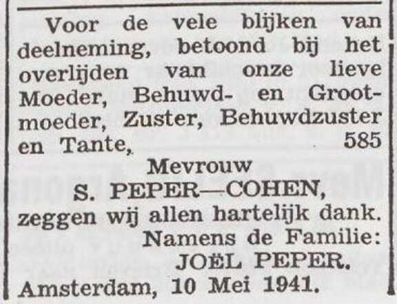 Dankbetuiging van de familie Peper
