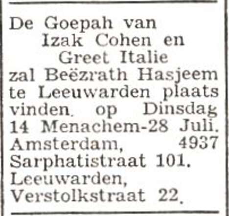 Aannkondiging van de huwelijksinzegening van Izak Cohen en Greta Italie