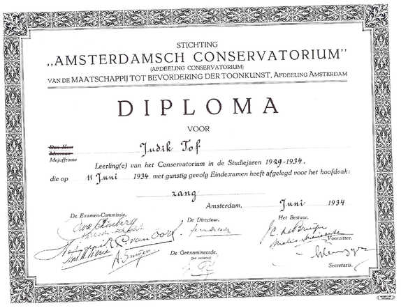 Conservatoriumdiploma van Judik Sluijs-Tof