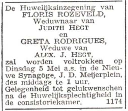 Aankondiging van de huwelijksinzegening van Margaretha Mathilda Rodrigues en Florus Rozeveld