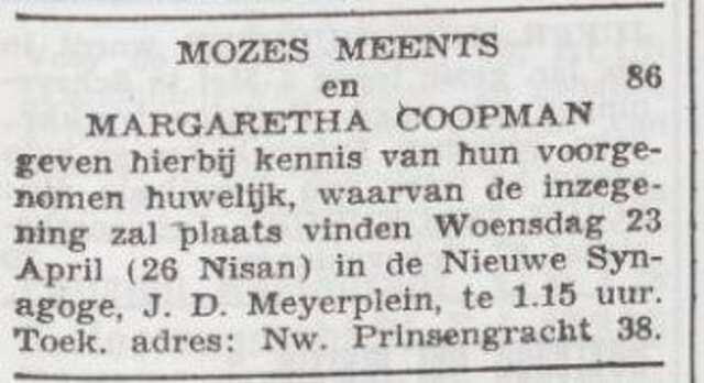 Aankondiging van de huwelijksinzegening van Margaretha Coopman en Mozes Meents