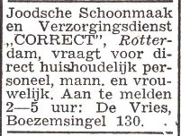Personeelsadvertentie van de Joodse Schoonmaakdienst Correct