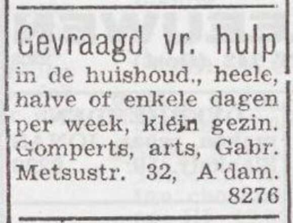 Advertentie van het gezin Cosman Abraham Gomperts