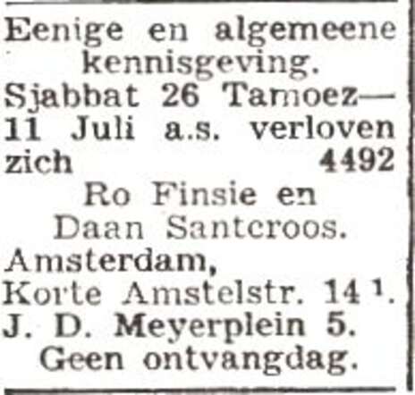 Aankondiging van de verloving van Daniel David Simon Santcroos en Roza Finsi