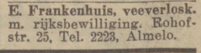 Dagblad van het Oosten Almelo's dagblad, dag, 3 juni 1942, pag. 4. Adv. Eduard Frankenhuis.