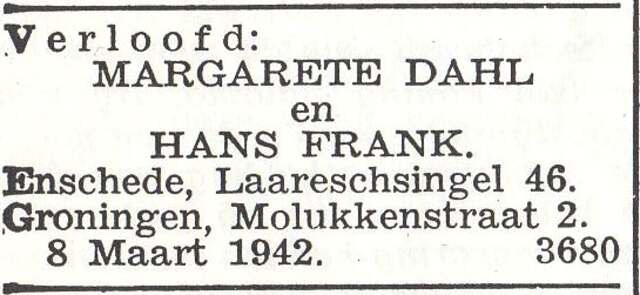 Bekendmaking van de verloving van Margarete Dahl