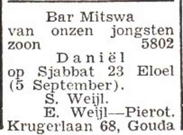 Aankondiging van de bar mitswa van Daniël Weijl