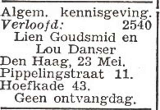 Vermelding van de verloving van Sara Lina Goudsmid en Josua Louis Danser