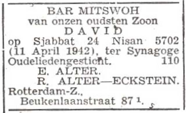 Aankondiging van de bar mitswa van David Lazarus Alter