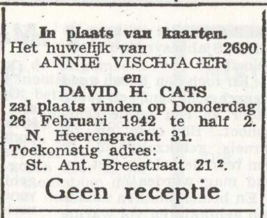 Bekendmaking van het huwelijk van Annie Vischjager met David Herman Cats