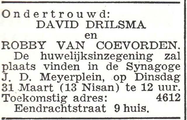 Vermelding van ondertrouw van David Drilsma en Robby van Coevorden