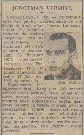 De Courant Het nieuws van den dag, 9 januari 1942, dag,  pag. 3. Opsporingsbericht Samuel Stodel.