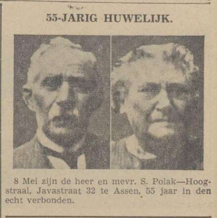 De Courant Het nieuws van den dag, 9 mei 1940, dag, pag. 8. Echtpaar S. Polak-Hoogstraal 55 jaar getrouwd.