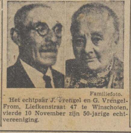 De courant Het nieuws van den dag, dag, 11 november 1942, pag. 2. 50-jarig huwelijk Jacob Vrengel en Geziena From.