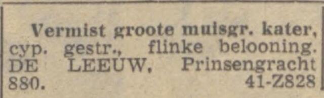 De Courant Het nieuws van den Dag, dag, 1 augustus 1940,  pag. 9. Adv. fam. Gabr. Jacob de Leeuw.