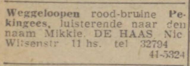 De courant Het nieuws van den Dag, dag, 7 maart 1942,  pag. 4. Adv. David de Haas.