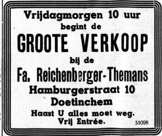 De Graafschap-bode nieuws- en advertentieblad 23 november 1938, dag, pag. 4. Adv. fa. Reichenberger-Themans.