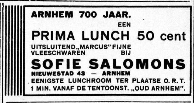 De Graafschap-bode nieuws- en advertentieblad 12 juli 1933, dag, pag. 12, Advertentie lunchroom Sophia (Sofie) Salomons.