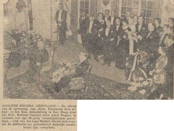 De Sumatra Post 11 maart 1938, pag. 12. Adolphe (Dolf) Engers gehuldigd in Kon. Schouwburg te Den Haag.