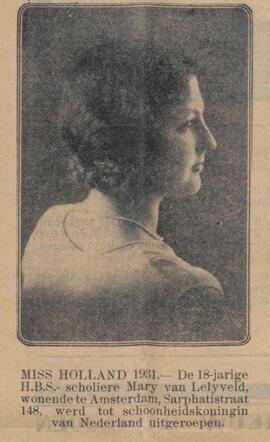 De Sumatra Post, 12 februari 1931, dag, pag. 12. Marie Lelyveld (Mary van Lelyveld) -  Miss Holland 1931.