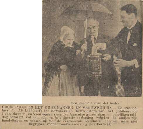 De Sumatra Post 22 maart 1933, pag. 12. Hocus Pocus Michel Velleman als goochelaar Ben Ali Bibi.