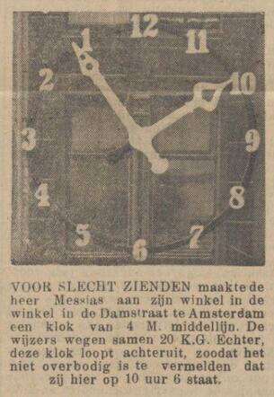 De Sumatra Post 3 februari 1930, dageditie, pag. 16. Reuzenklok voor slechtzienden van  Josua Messias.