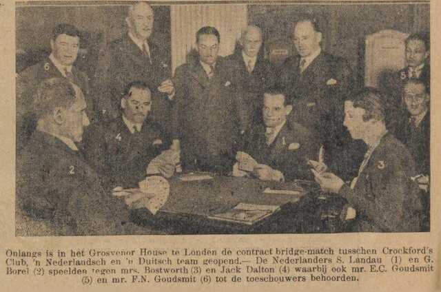 De Sumatra Post,  8 februari 1932, dageditie, pag. 12. Samuel Landau neemt deel aan een bridge-match in Londen.