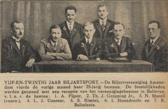 De Sumatra Post,  9 juli 1926, pag. 13. Dageditie. 25-jarig bestaan Biljartvereeniging Amsterdam.