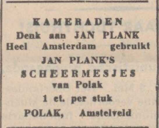 De Tribune soc.dem. weekblad 10 mei 1935, dag, pag. 8. Adv. Maurits (Maup) Polak alias "Jan Plank".