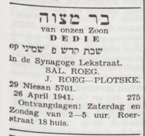 Aankondiging van de bar mitswa van David Roeg
