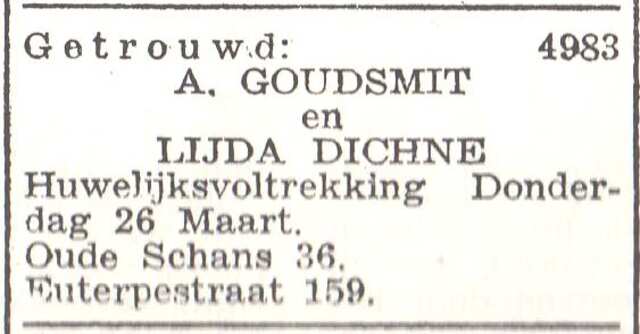 Aankondiging van de huwelijksinzegening van Abraham Goudsmit en Lyda Dichne