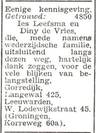 Bekendmaking van het huwelijk van Izak Leefsma en Dina de Vries