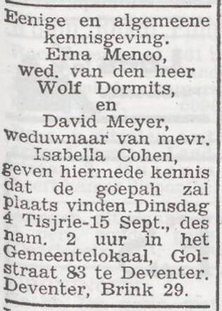 Aankondiging van de huwelijksinzegening van David Meijer en Erna Menco