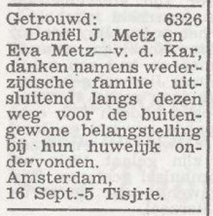 Dankbetuiging van Daniël Jacob Metz en Eva Metz-van de Kar