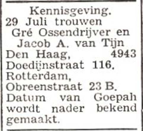 Aankondiging van het huwelijk van Grietje Ossendrijver en Jacob Arie van Tijn