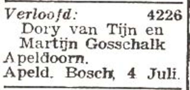 Vermelding van de verloving van Isidora (Dory) van Tijn en Martijn Gosschalk